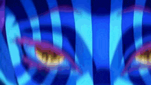 a close up of a person 's eyes behind a blue striped curtain