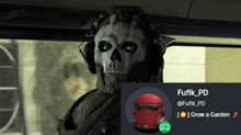 a skull with headphones and a red helmet is next to a picture of a person named fufik_pd