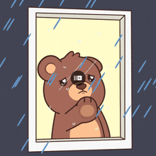 a cartoon of a teddy bear looking out of a window with a video button on his nose