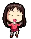 a pixel art drawing of a girl in a red dress and skirt .