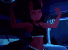 a cartoon character with horns is standing in a dark room