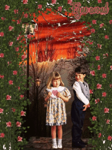 a boy and a girl are standing next to each other in a frame with the word finewood written on it
