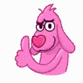 a pink cartoon dog is holding a piece of toilet paper .
