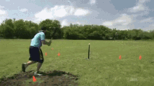 a man in a blue shirt and black shorts is swinging a bat