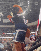 a mascot is wearing shorts that say ccm