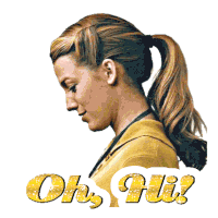 a woman with her hair in a ponytail is surrounded by the words oh hi