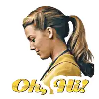 a woman with her hair in a ponytail is surrounded by the words oh hi