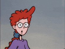 a cartoon character with red hair and glasses making a funny face