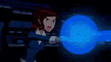 a cartoon character is walking down a red carpet while holding a blue light .