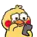 a cartoon chicken is holding a cell phone in its mouth .