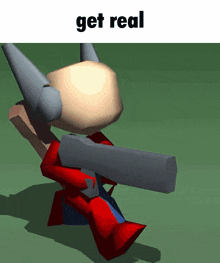 a cartoon character is holding a gun and the words get real are above him