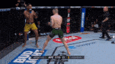 two men are fighting in a boxing ring with bud light advertisements on the floor