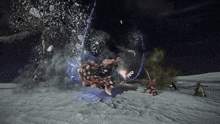 a group of people are fighting a large monster in the snow