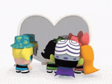 a group of cartoon characters are standing around a heart shaped mirror