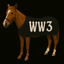 a brown horse is wearing a red blanket that says cuck