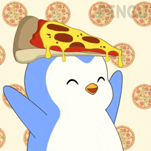 a penguin is holding a slice of pizza on his head