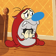 a cartoon character with a blue nose is kneeling on the floor