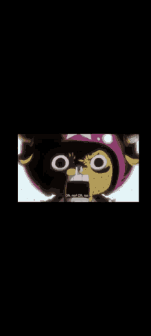 a close up of a cartoon character wearing a pink helmet and a black background .