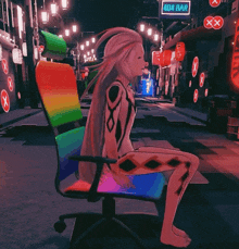 a girl sits in a chair in front of a 404 bar sign