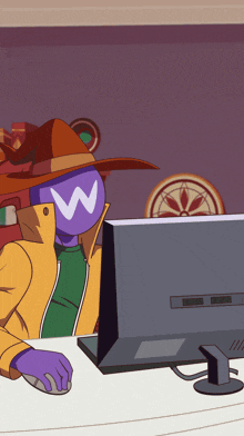 a cartoon character with a w on his face is looking at a computer monitor