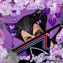 a picture of a man with purple hearts and the words je dis aime written on it