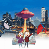 a group of cartoon characters standing in front of a city