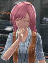 a girl with pink hair wearing a plaid shirt and a brown vest
