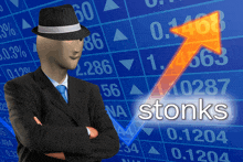 a man in a suit and hat is standing in front of a stock chart that says stonks
