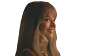 a woman with long hair and bangs is smiling