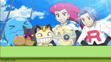a group of pokemon standing next to each other with one wearing a shirt with the letter r on it .