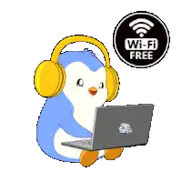 a penguin is wearing headphones and using a laptop with a wi-fi free sign behind it