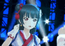 a girl in a kimono is standing on a stage in front of a blue light .