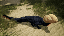 a crocodile with a bread roll on its head