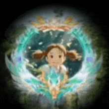 a little girl is surrounded by a circle of water and wings