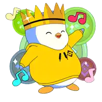 a penguin wearing a yellow hoodie and crown