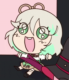 a cartoon drawing of a girl with green eyes and a bow in her hair