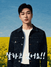 a man in a denim jacket stands in a field of yellow flowers