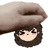 a hand is holding a cartoon character 's head in a pixel art style .