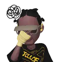 a cartoon character wearing a jcllof shirt covering his face with his hand