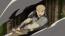 a man in armor is holding a sword in a dark room