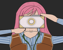 a cartoon of a girl holding a camera in front of her face