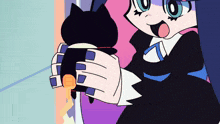 a cartoon character is holding a small black cat