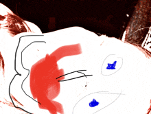 a drawing of a person 's face with red and blue lines