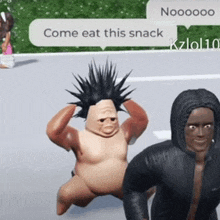 a cartoon character says come eat this snack while standing next to another character