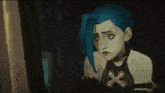 a cartoon character with blue hair and a black top with crosses on it