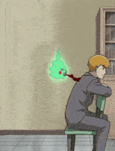 a man in a suit sits on a chair with a green ghost coming out of his neck
