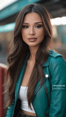 a woman with long brown hair is wearing a teal leather jacket and a white tank top .