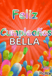 a red background with balloons and the words feliz cumpleanos bella on it