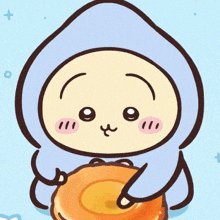 a cartoon character wearing a blue hoodie is holding a doughnut