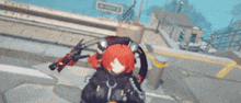 a girl with red hair is holding a gun in a video game scene